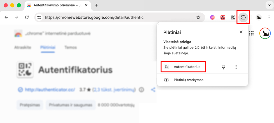Plėtinių meniu atidarymas autentifikatoriui pasirinkti
